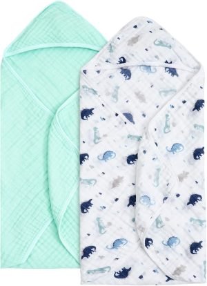 2 Pack Hooded Baby Towels, 100% Muslin Cotton Baby Bath Towels, Ultra Soft Breathable Absorbent Towels for Infant Toddler and Kids, Newborn Essentials, Large 32x32Inch, Dinosaur