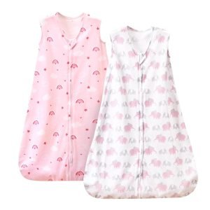 100% Cotton Baby Sleep Sack, 0-6 Months Baby Wearable Blanket, 2-Way Zipper Infant Sleeping Sack for Baby Boys Girls, 2 Pack Comfy Small Size Sleeveless Sleeping Bags, Rainbow & Pink Elephant