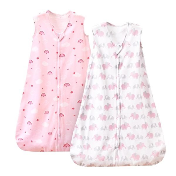 100% Cotton Baby Sleep Sack, 0-6 Months Baby Wearable Blanket, 2-Way Zipper Infant Sleeping Sack for Baby Boys Girls, 2 Pack Comfy Small Size Sleeveless Sleeping Bags, Rainbow & Pink Elephant