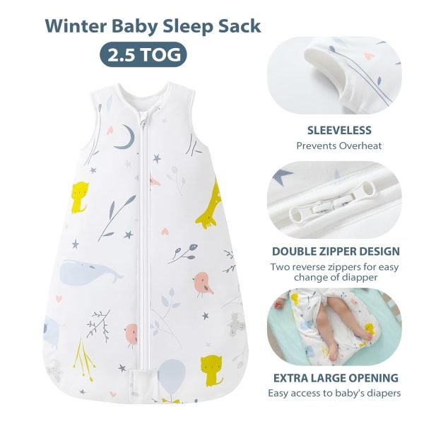 Sleep Sack Baby Winter Wearable Blanket with 2-Way Zipper,2.5 TOG Cotton Sleep Sack Unisex (White Animal, 6-12 Months)