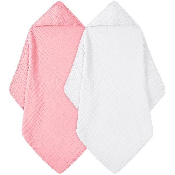 Baby Bath Towels, 100% Muslin Cotton Hooded Baby Towels for Newborn, 2 Pack Baby Towels with Hood for Infant Toddler and Kids, Large 32x32Inch, Soft and Absorbent