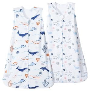 2 Pack Baby Sleep Sack 6-12 Months, Rayon Derived from Bamboo，Soft Cooling Sleep Sacks for Summer, TOG 0.5 Baby Wearable Blankets with 2-Way Zipper, Medium Size, Whale