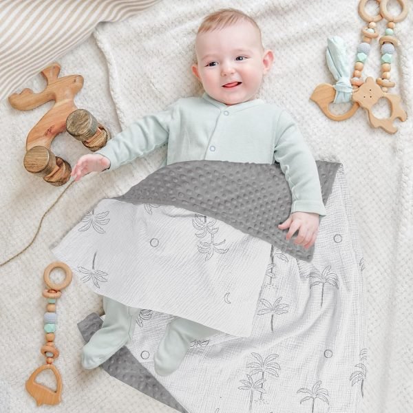 Baby Blankets for Unisex Boys Girls, Soft Nursery Crib Blankets with Muslin Cotton Front and Dotted Fleece Back for Newborns Toddlers 30x40inch (Blue Moon)