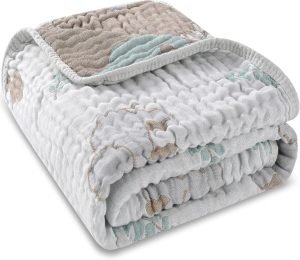 Ultra Soft Muslin Baby Blanket, Made of Viscose from Bamboo and Muslin from Cotton, A Versatile Swaddle and Bed Blanket for Babies, Toddlers, Boys, and Girls (Forest Elephant 1 Pack).