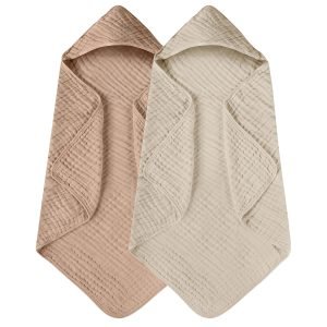Hooded Baby Towels for Newborn 2 Pack 100% Muslin Cotton Baby Bath Towel with Hood for Babies, Infant, Toddler and Kids, Large 32x32Inch, Soft and Absorbent Newborn Essential