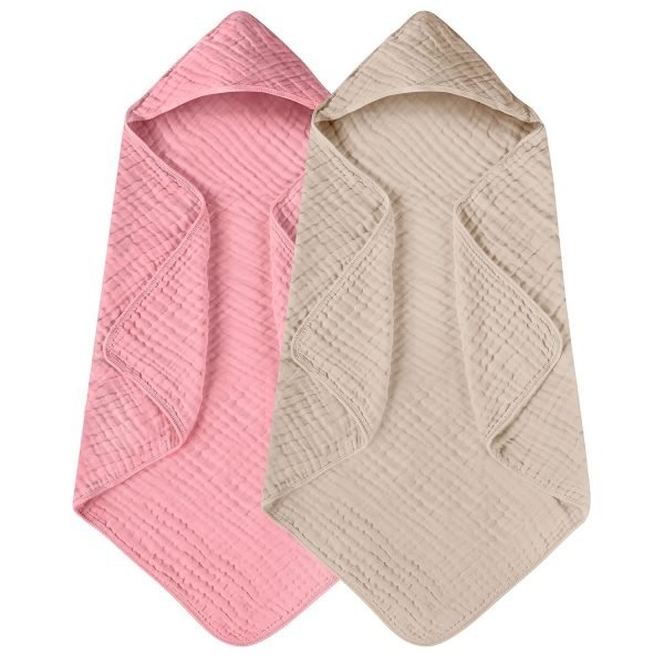 Hooded Baby Towels for Newborn 2 Pack 100% Muslin Cotton Baby Bath Towel with Hood for Babies, Infant, Toddler and Kids, Large 32x32Inch, Soft and Absorbent Newborn Essential