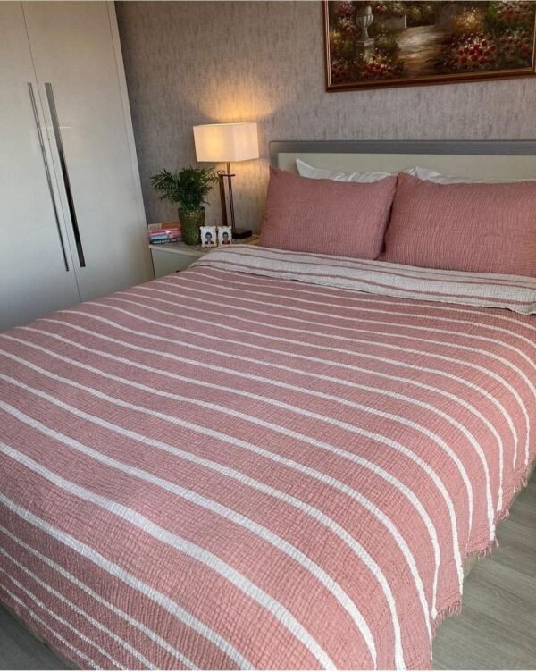 100% Cotton Muslin Striped Throw Blanket, 4 Layers Bedspread, Soft Turkish Cotton Muslin Bed Cover, Reversible Coverlet, Brick Red (Throw 47x71-120x180cm)