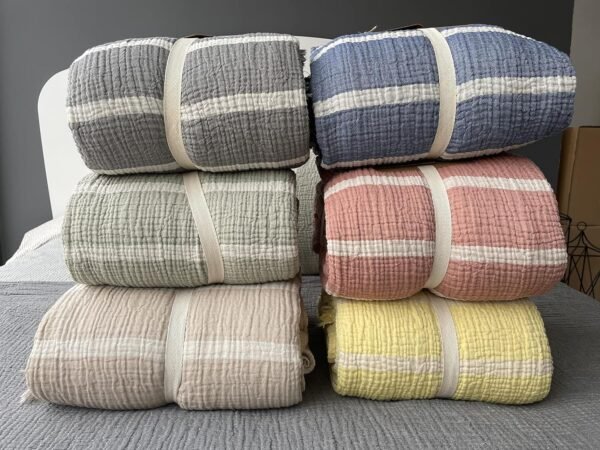 100% Cotton Muslin Striped Throw Blanket, 4 Layers Bedspread, Soft Turkish Cotton Muslin Bed Cover, Reversible Coverlet, Brick Red (Throw 47x71-120x180cm)