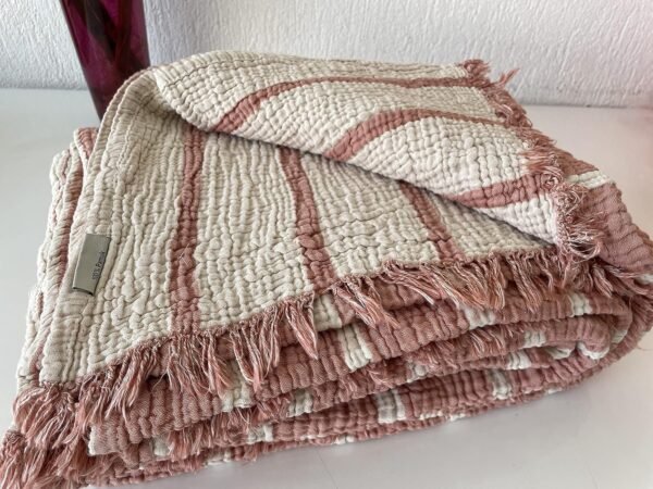 100% Cotton Muslin Striped Throw Blanket, 4 Layers Bedspread, Soft Turkish Cotton Muslin Bed Cover, Reversible Coverlet, Brick Red (Throw 47x71-120x180cm)